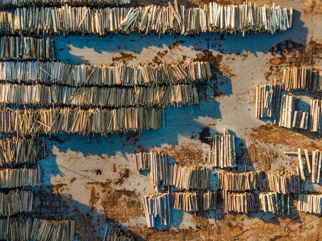 Pile of Logs in Sawmill Industry Aerial View